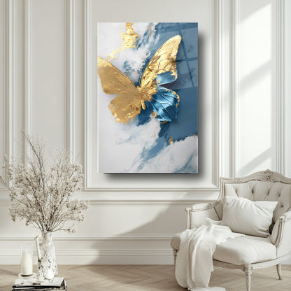 Gold Mavi Kelebek Cam Tablo