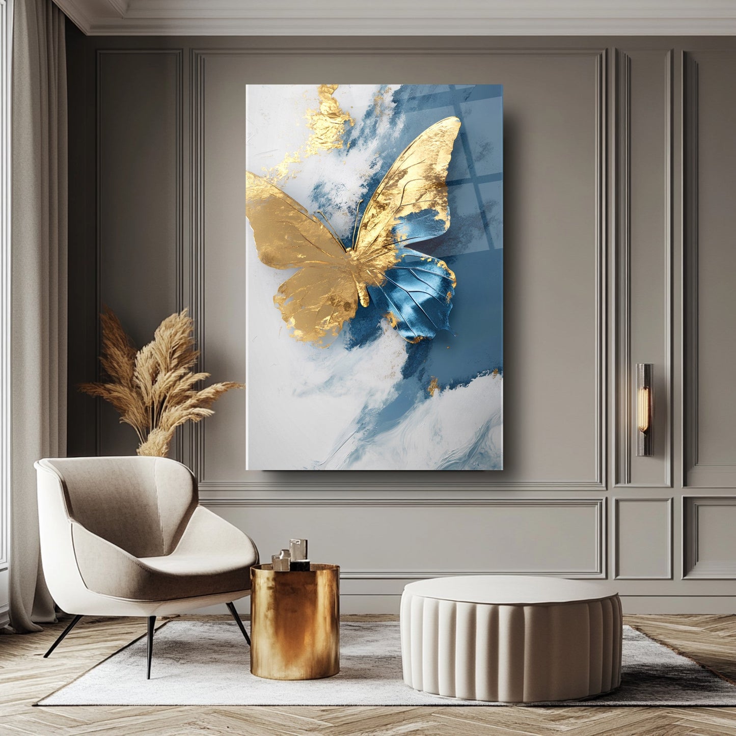 Gold Mavi Kelebek Cam Tablo