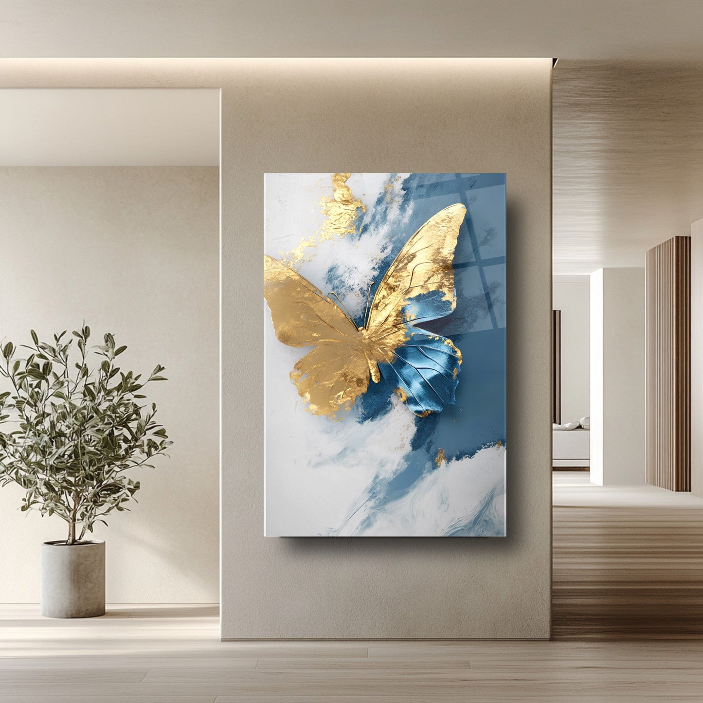 Gold Mavi Kelebek Cam Tablo