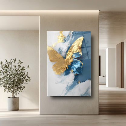 Gold Mavi Kelebek Cam Tablo