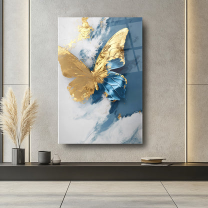 Gold Mavi Kelebek Cam Tablo