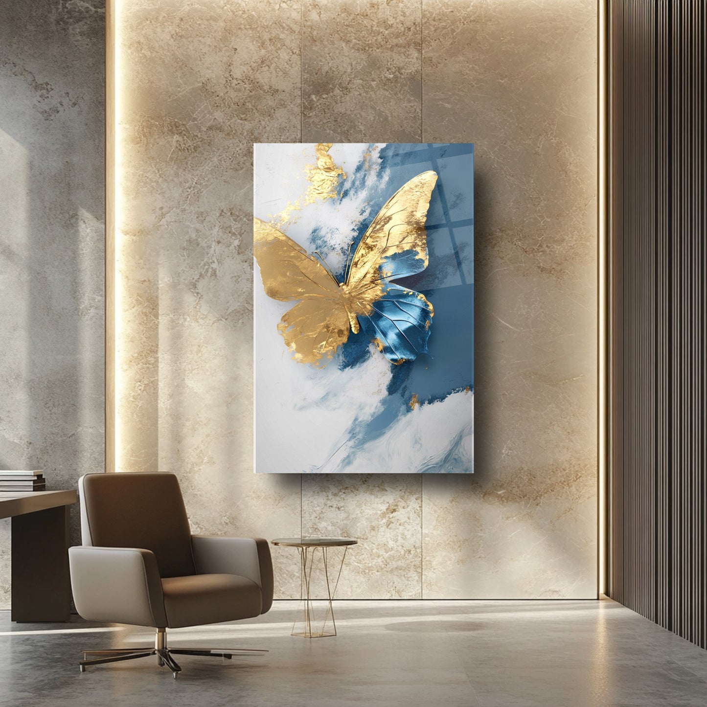 Gold Mavi Kelebek Cam Tablo