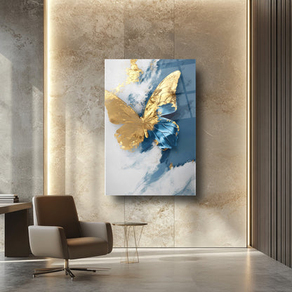 Gold Mavi Kelebek Cam Tablo