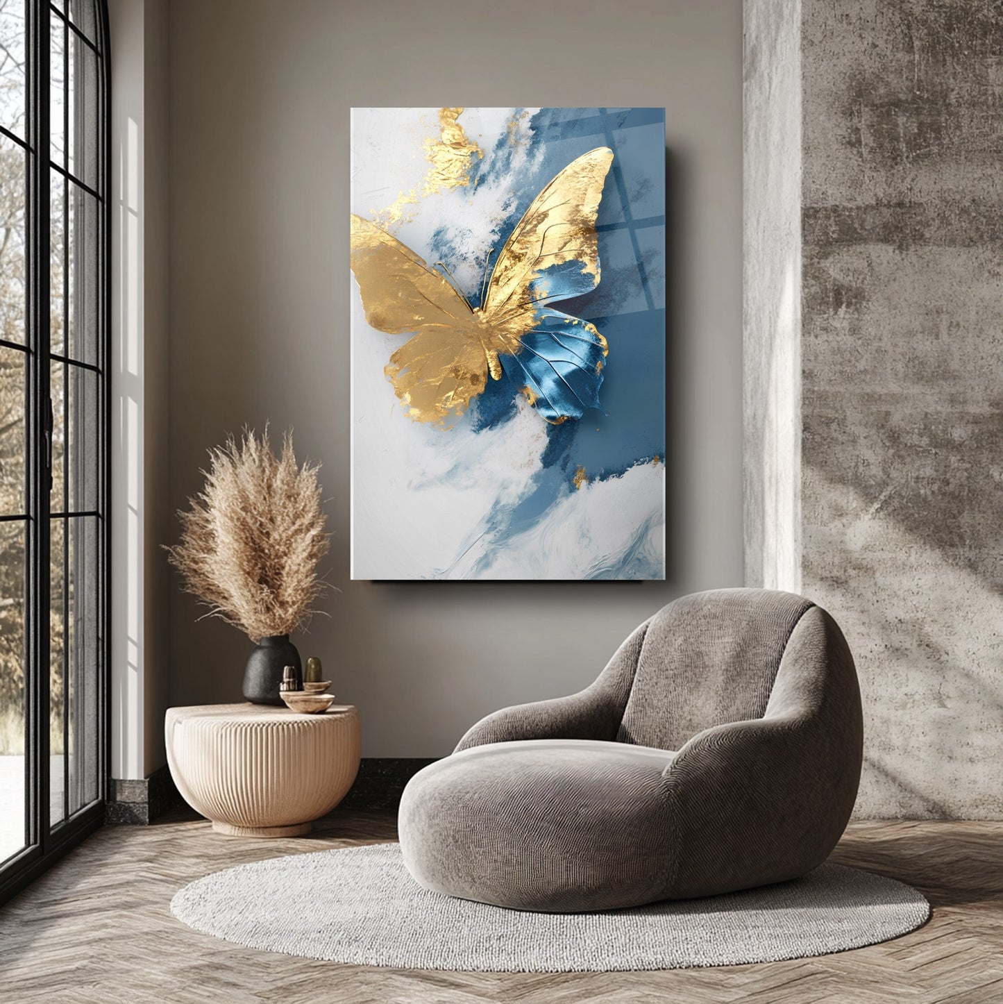 Gold Mavi Kelebek Cam Tablo