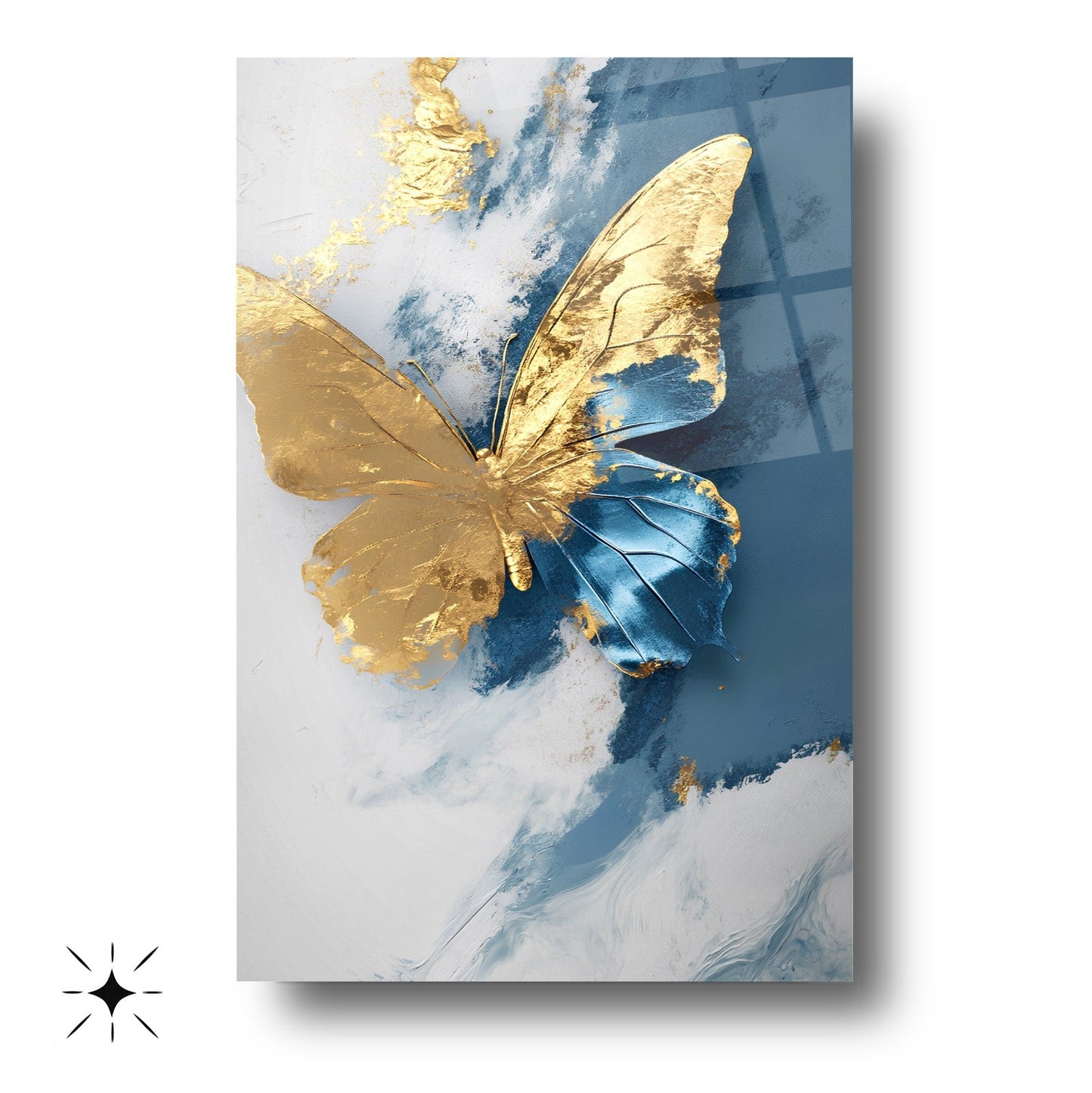 Gold Mavi Kelebek Cam Tablo