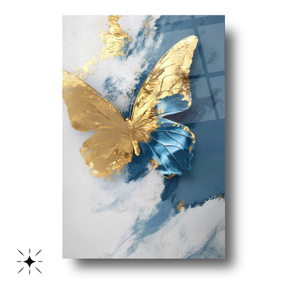 Gold Mavi Kelebek Cam Tablo