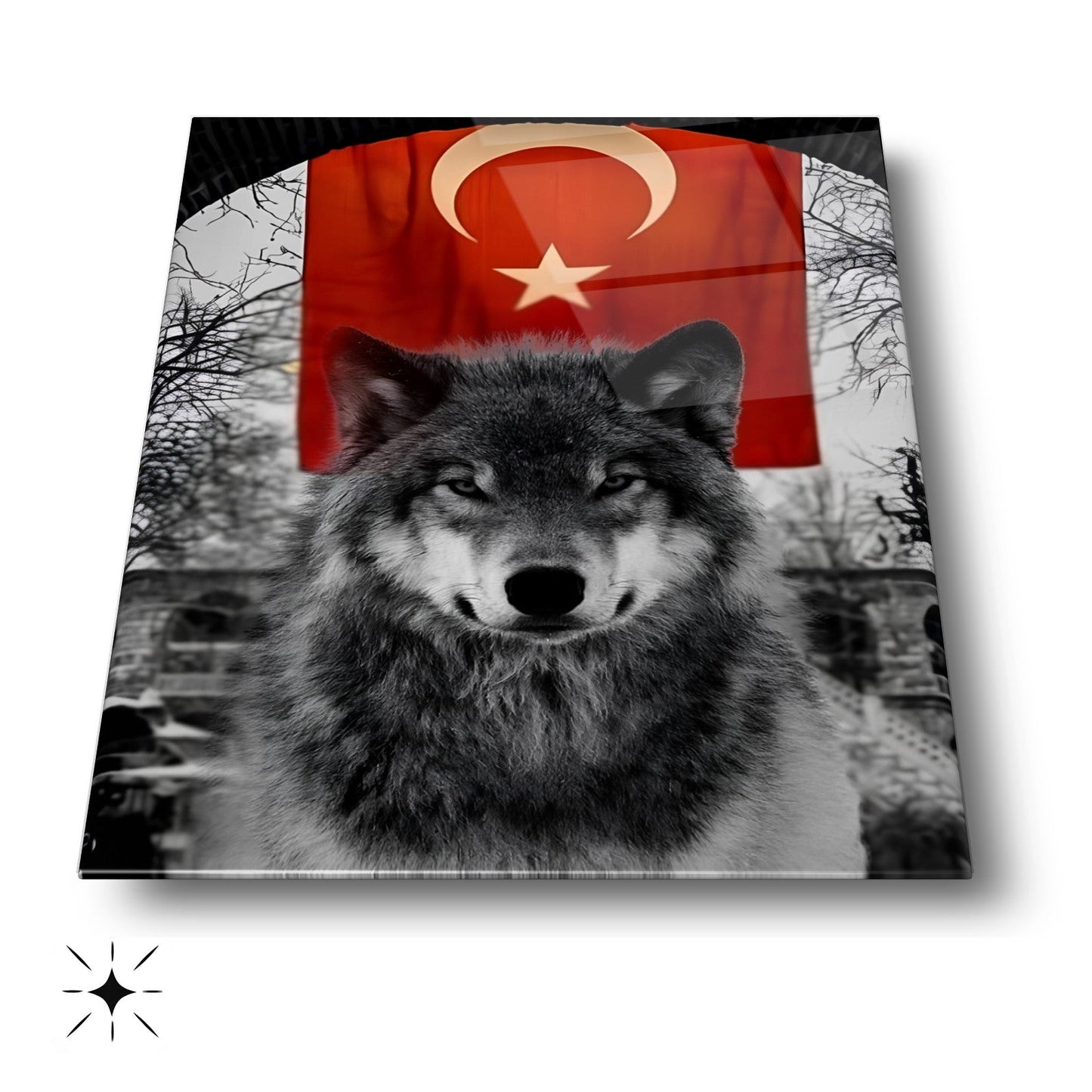 Bayraklı Boz Kurt Cam Tablo