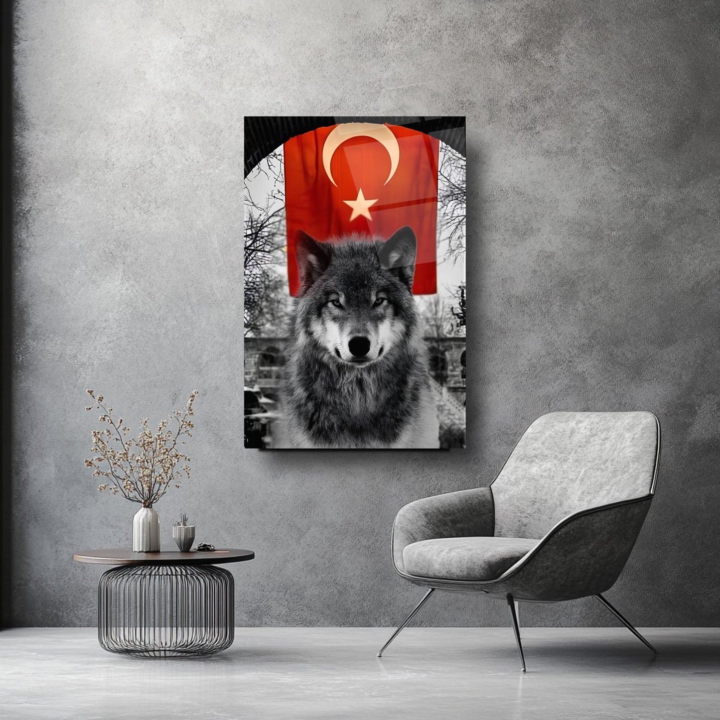 Bayraklı Boz Kurt Cam Tablo