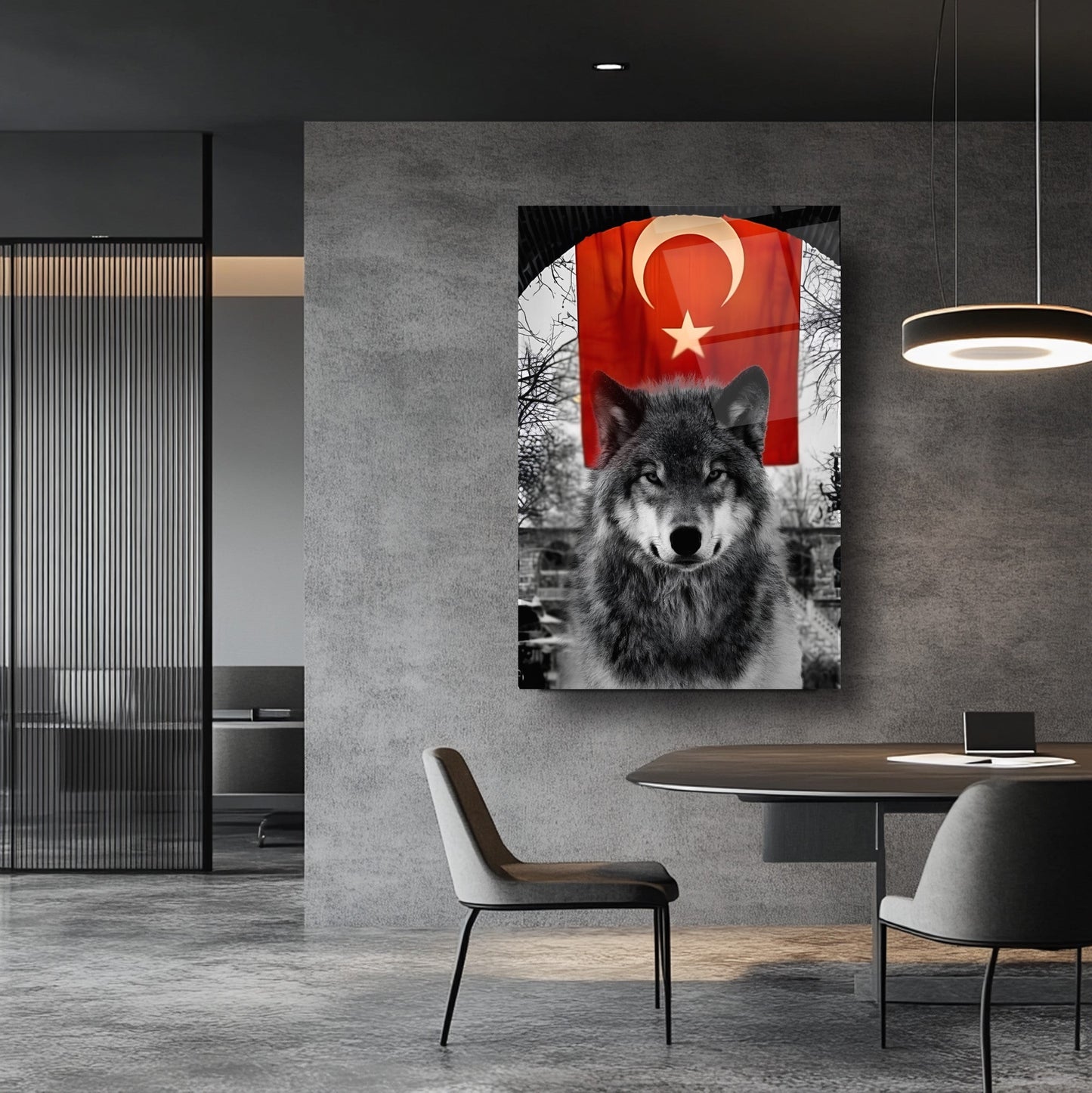 Bayraklı Boz Kurt Cam Tablo