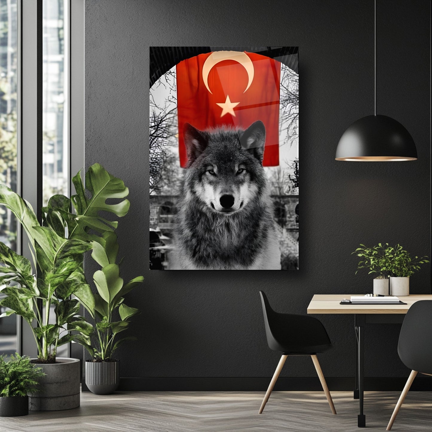 Bayraklı Boz Kurt Cam Tablo