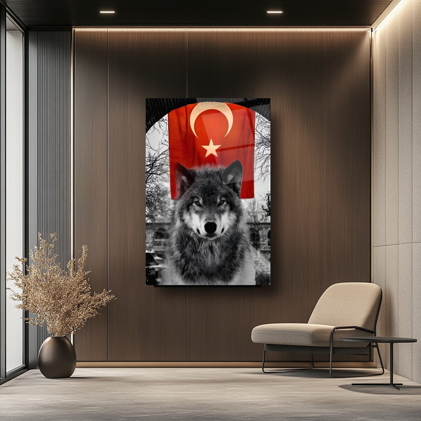 Bayraklı Boz Kurt Cam Tablo