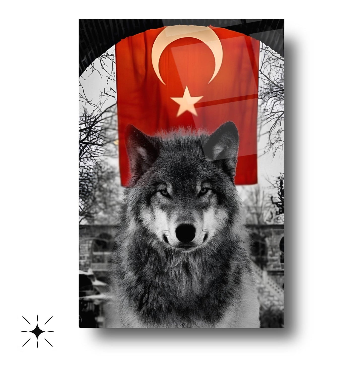 Bayraklı Boz Kurt Cam Tablo