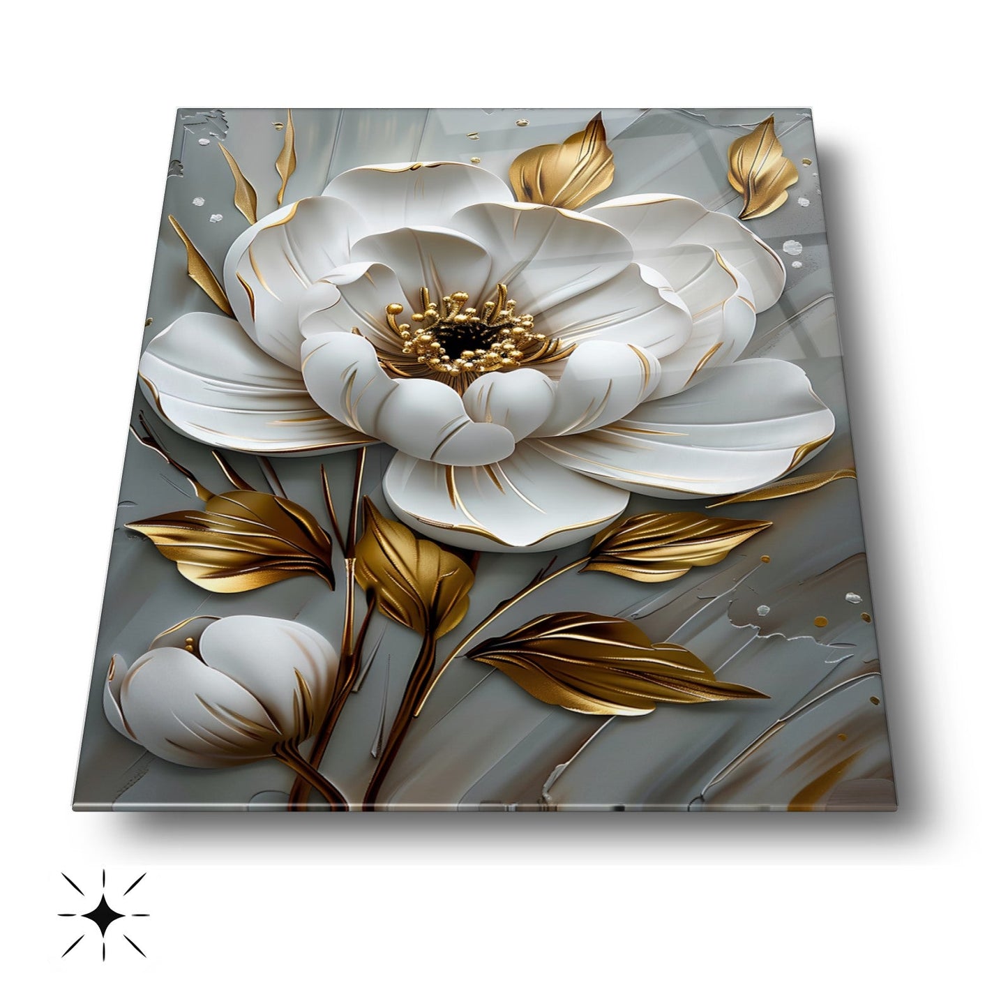 Beyaz Gold Çiçek Cam Tablo
