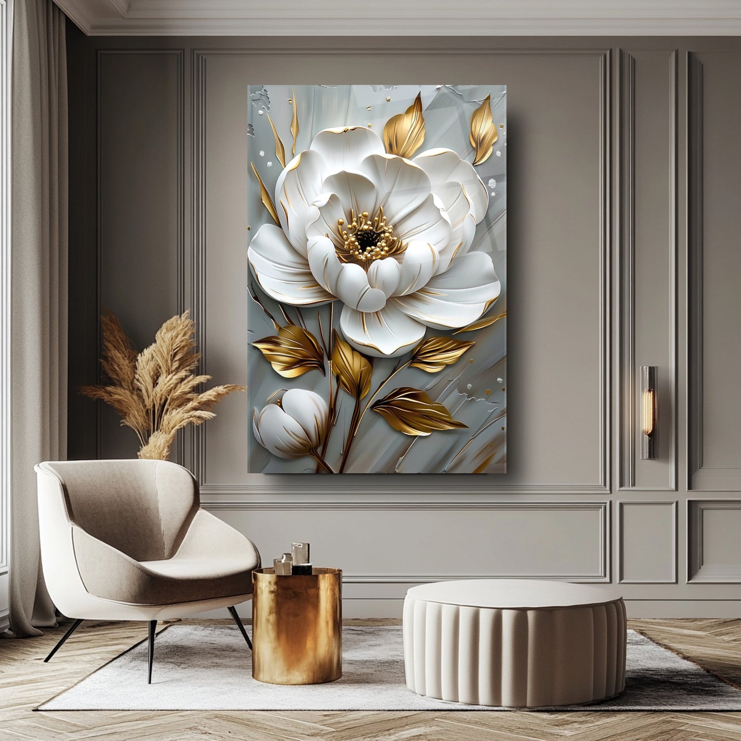 Beyaz Gold Çiçek Cam Tablo