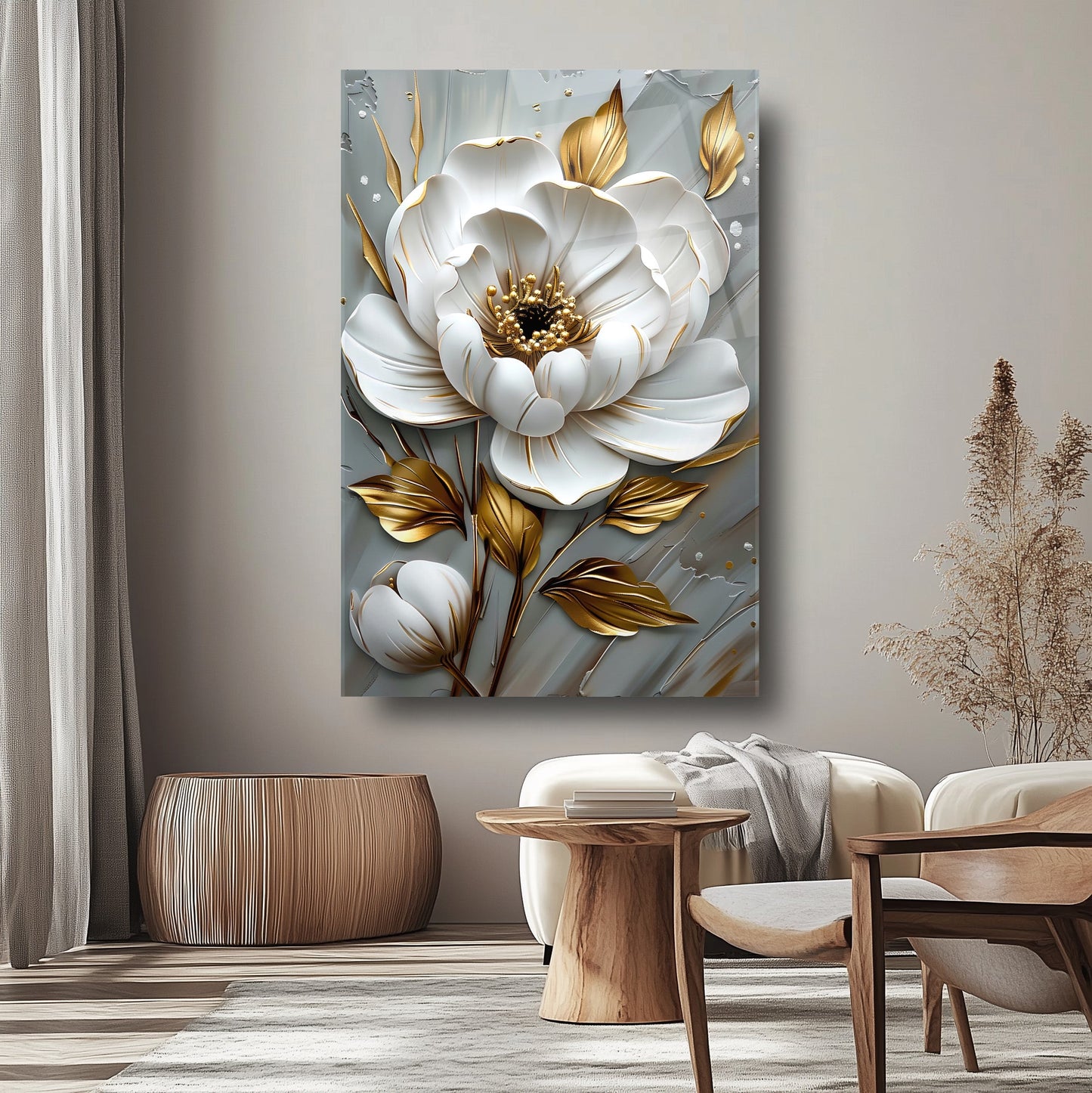 Beyaz Gold Çiçek Cam Tablo