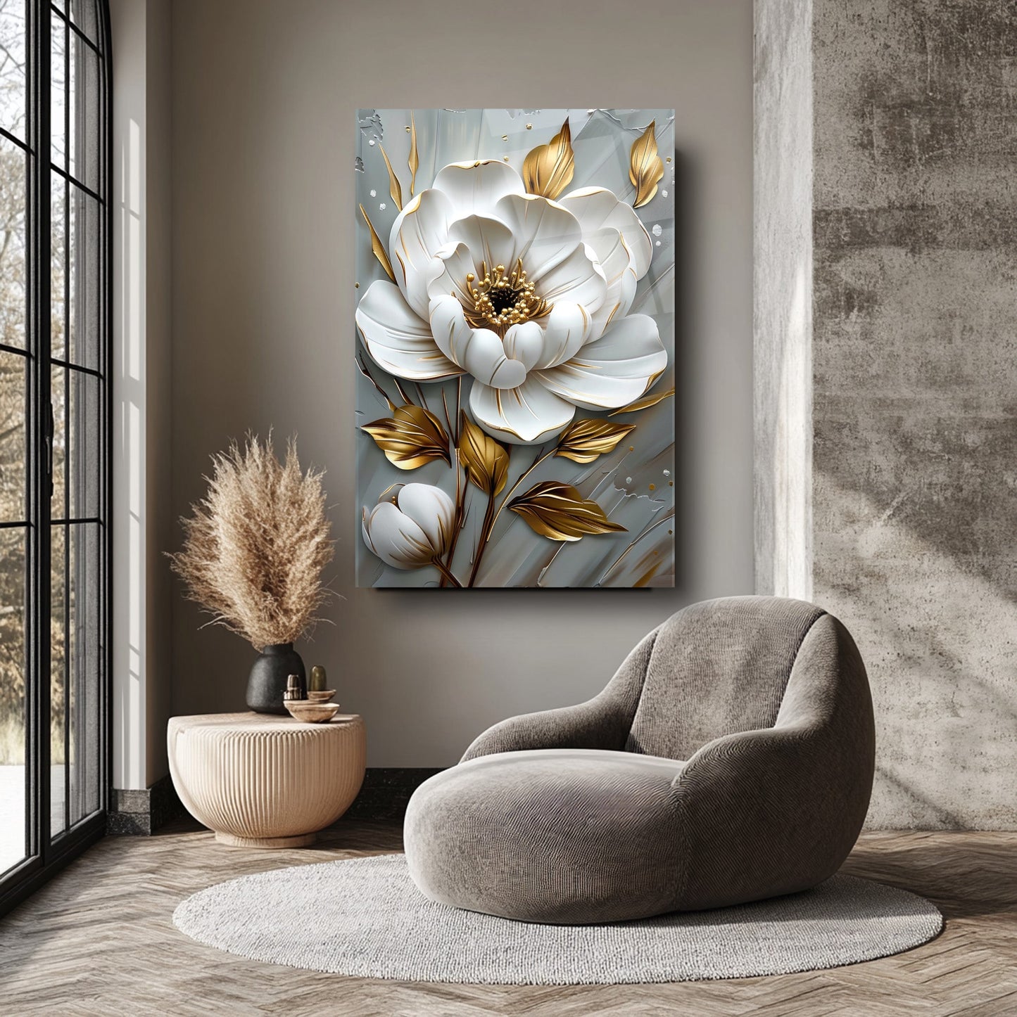Beyaz Gold Çiçek Cam Tablo