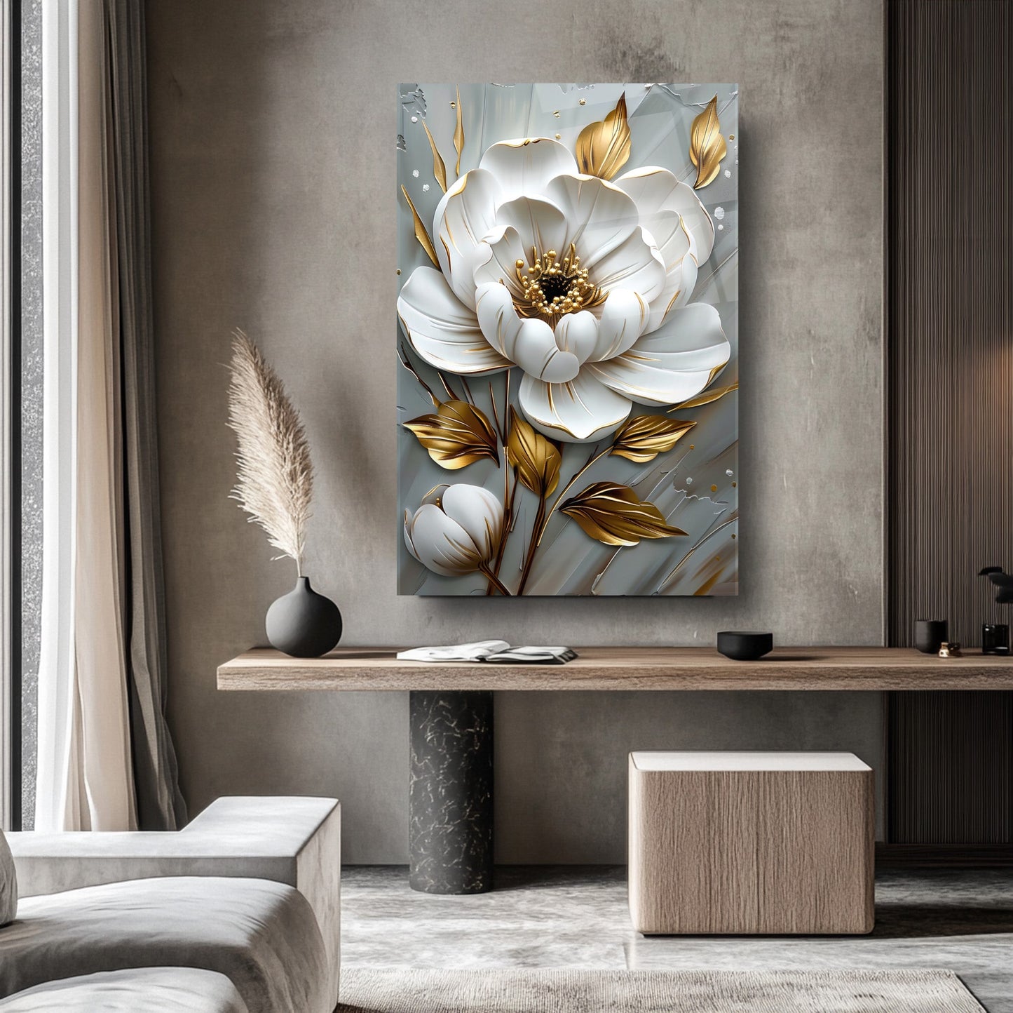 Beyaz Gold Çiçek Cam Tablo