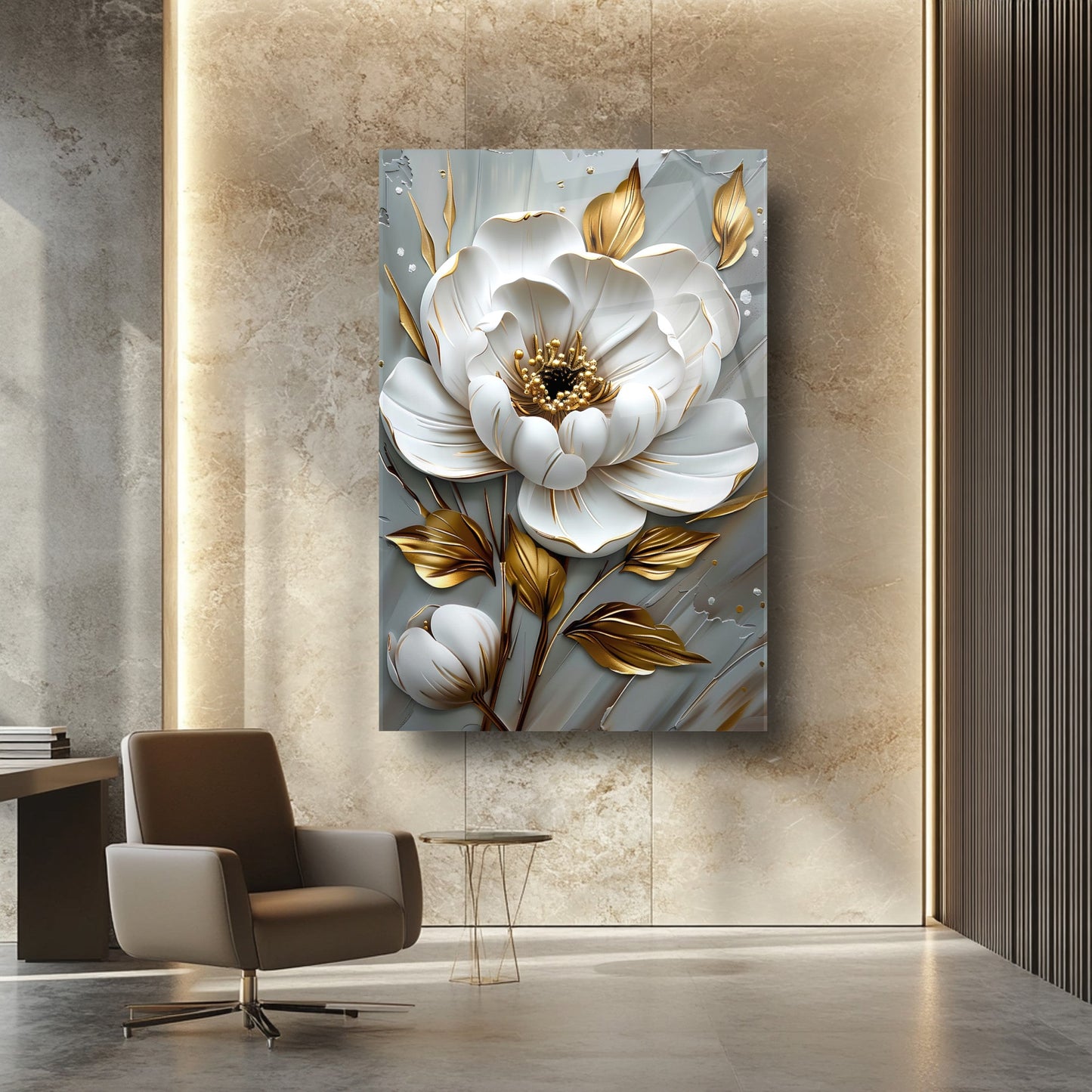 Beyaz Gold Çiçek Cam Tablo