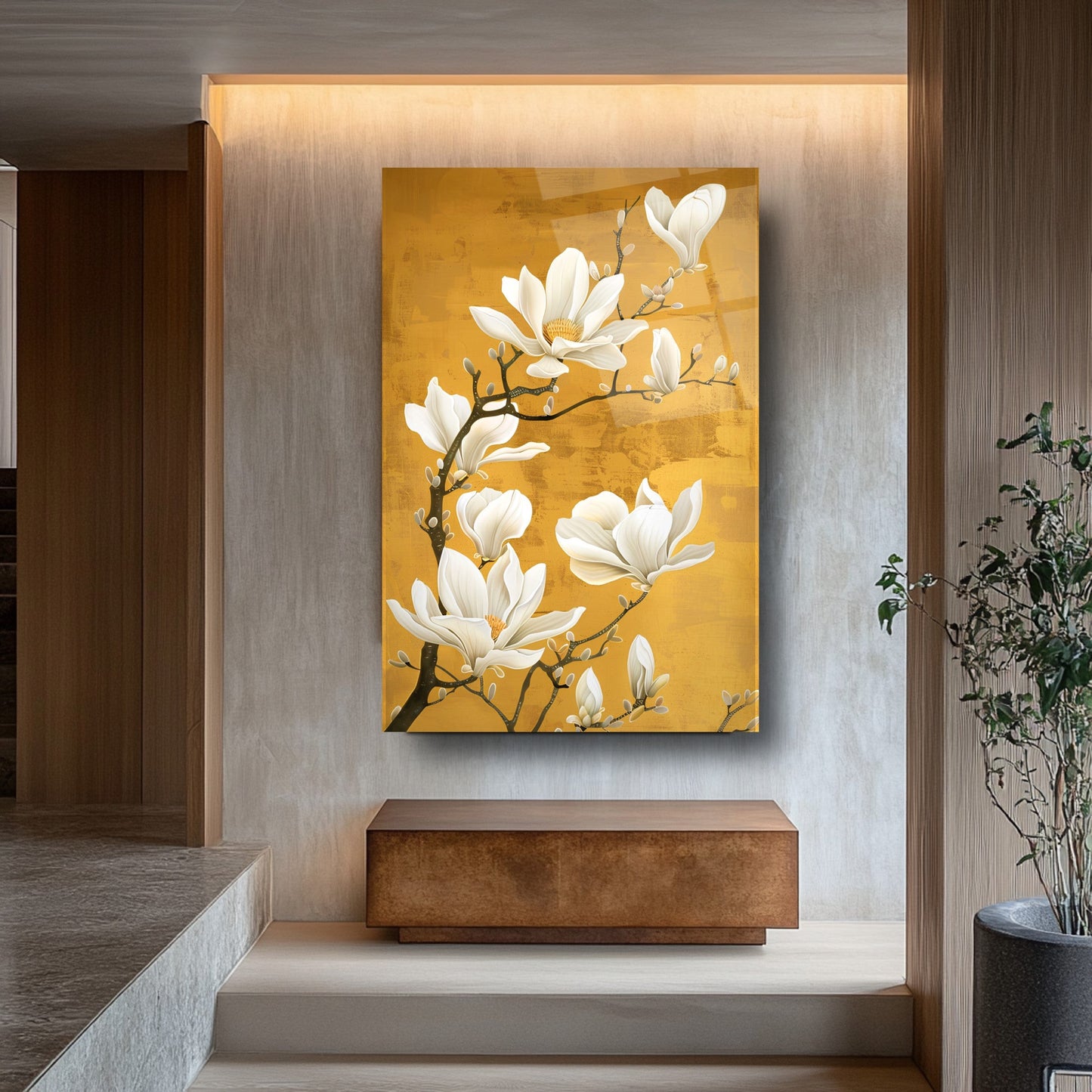 Beyaz Çiçekler Cam Tablo