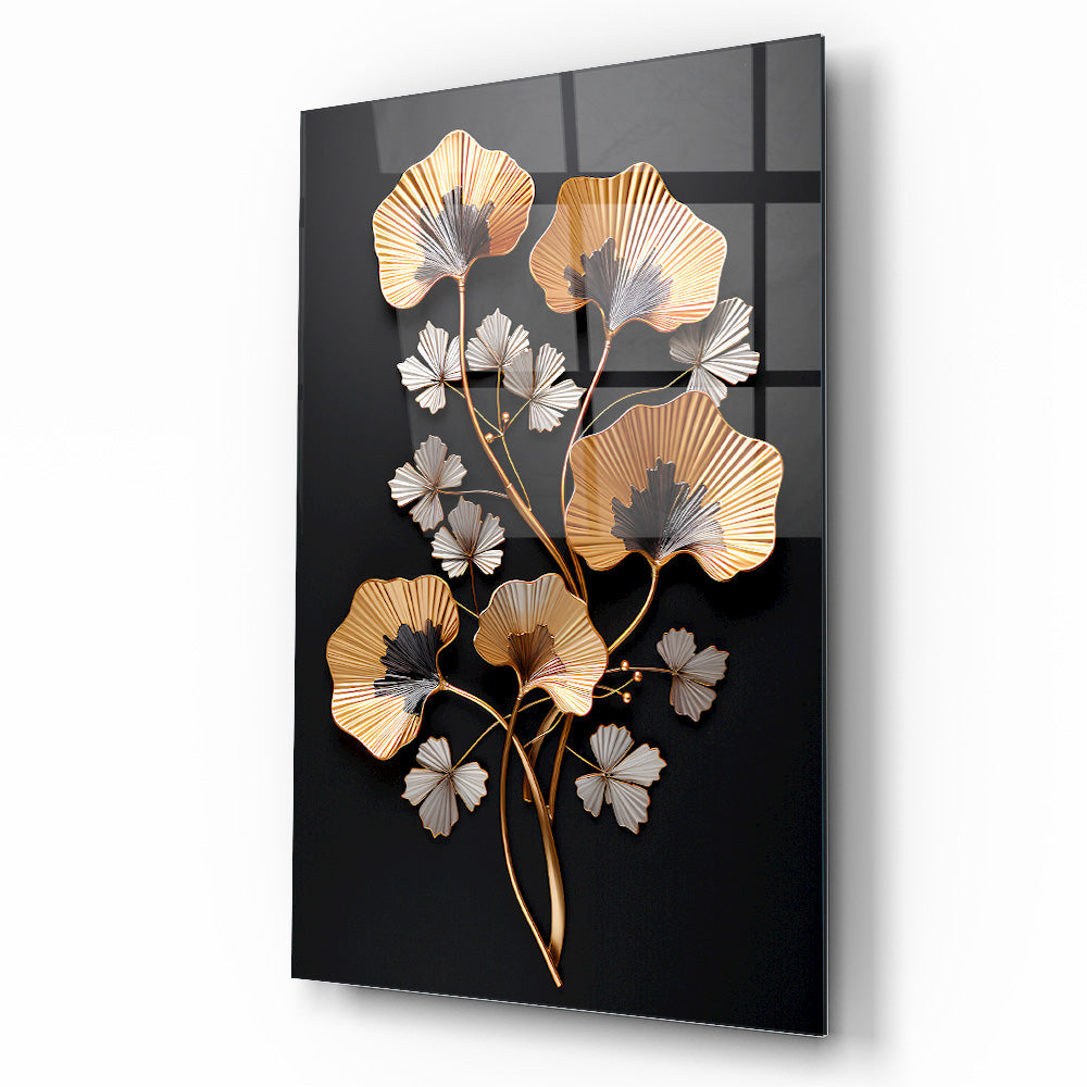 Gold Beyaz Çiçekler Cam Tablo