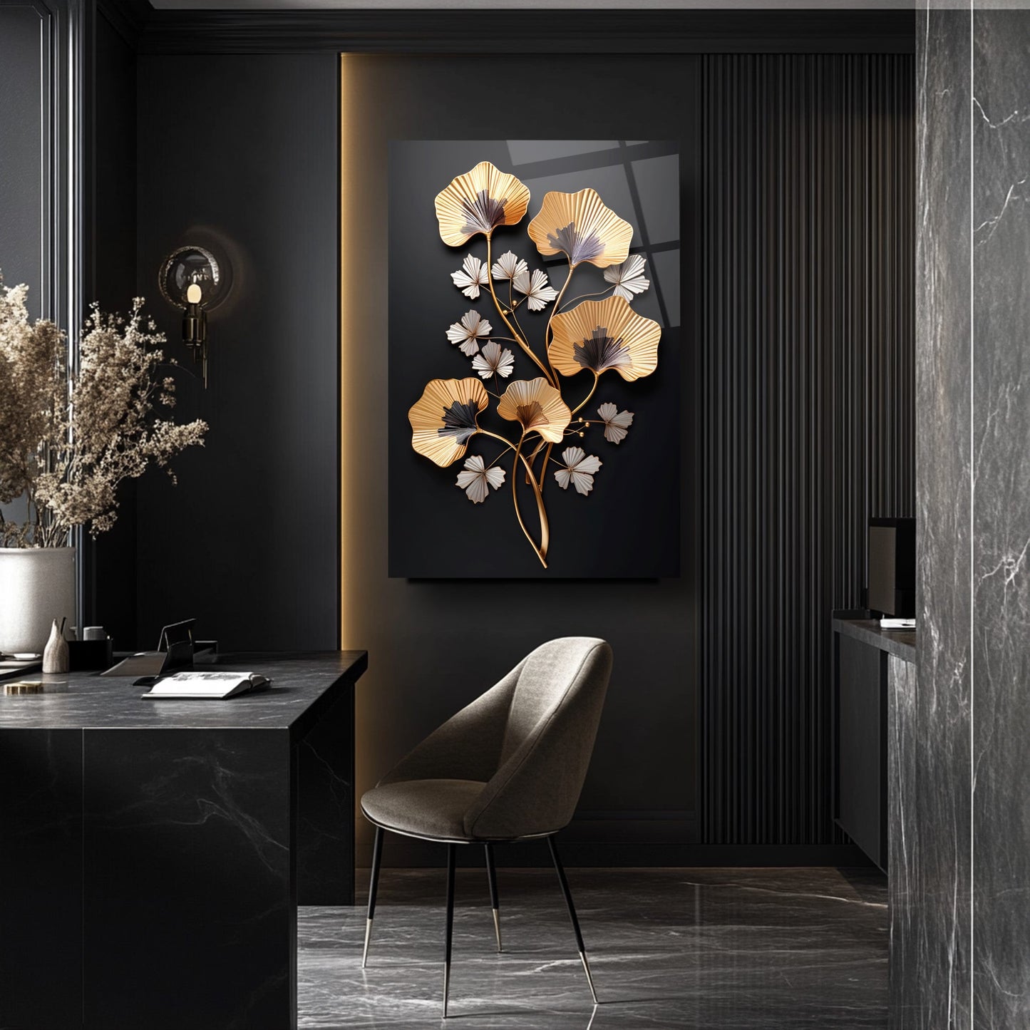 Gold Beyaz Çiçekler Cam Tablo