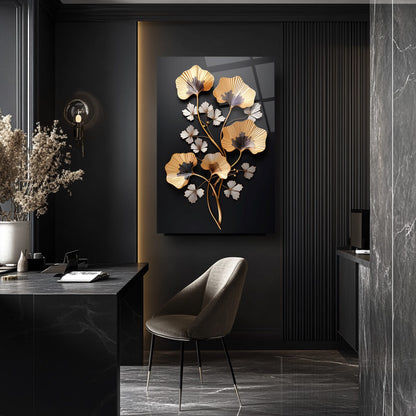 Gold Beyaz Çiçekler Cam Tablo