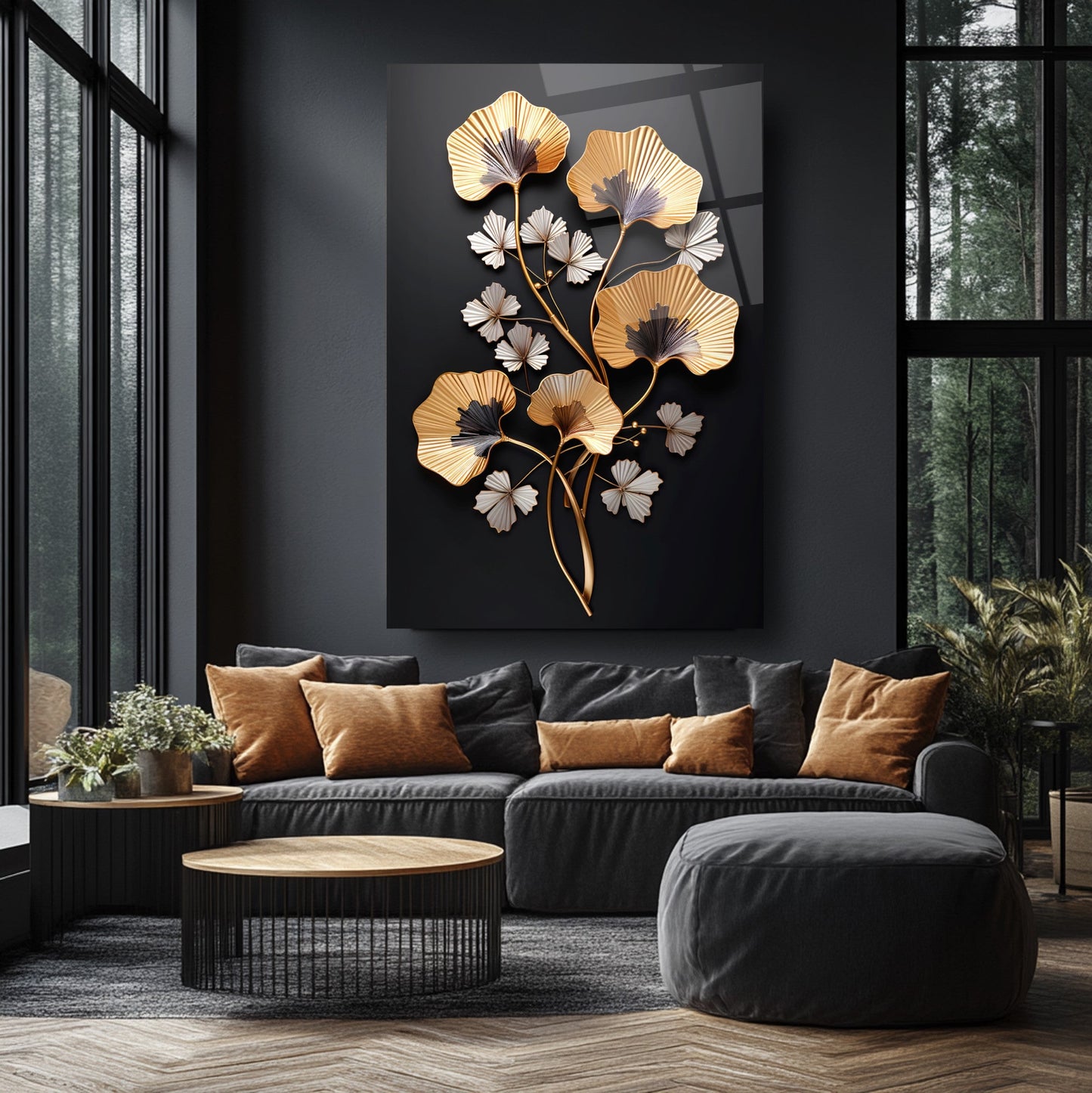 Gold Beyaz Çiçekler Cam Tablo