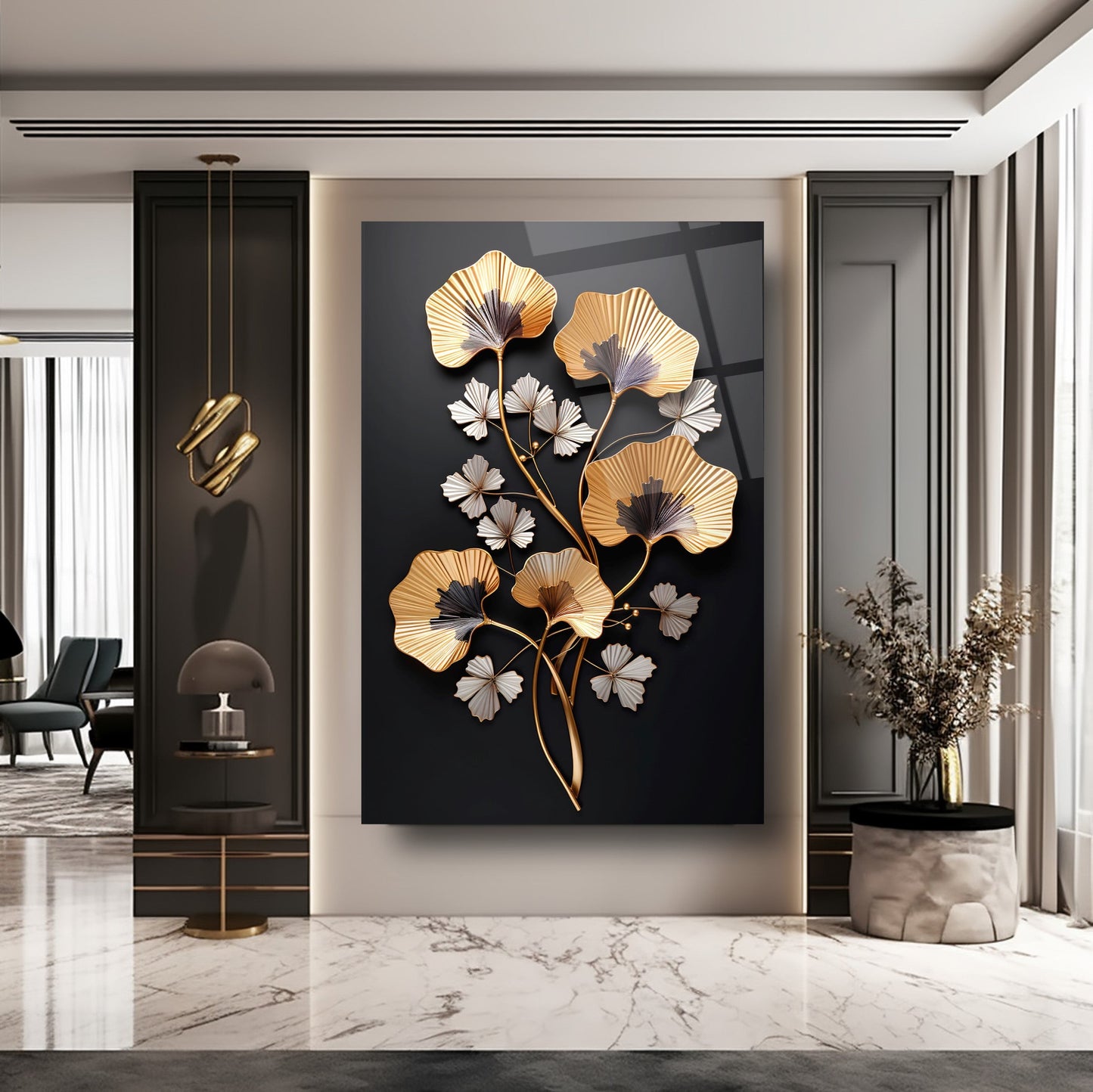 Gold Beyaz Çiçekler Cam Tablo