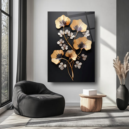Gold Beyaz Çiçekler Cam Tablo