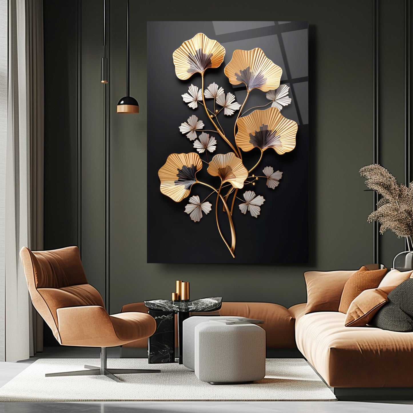 Gold Beyaz Çiçekler Cam Tablo