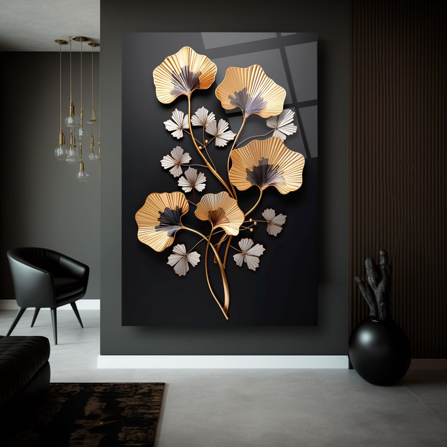 Gold Beyaz Çiçekler Cam Tablo