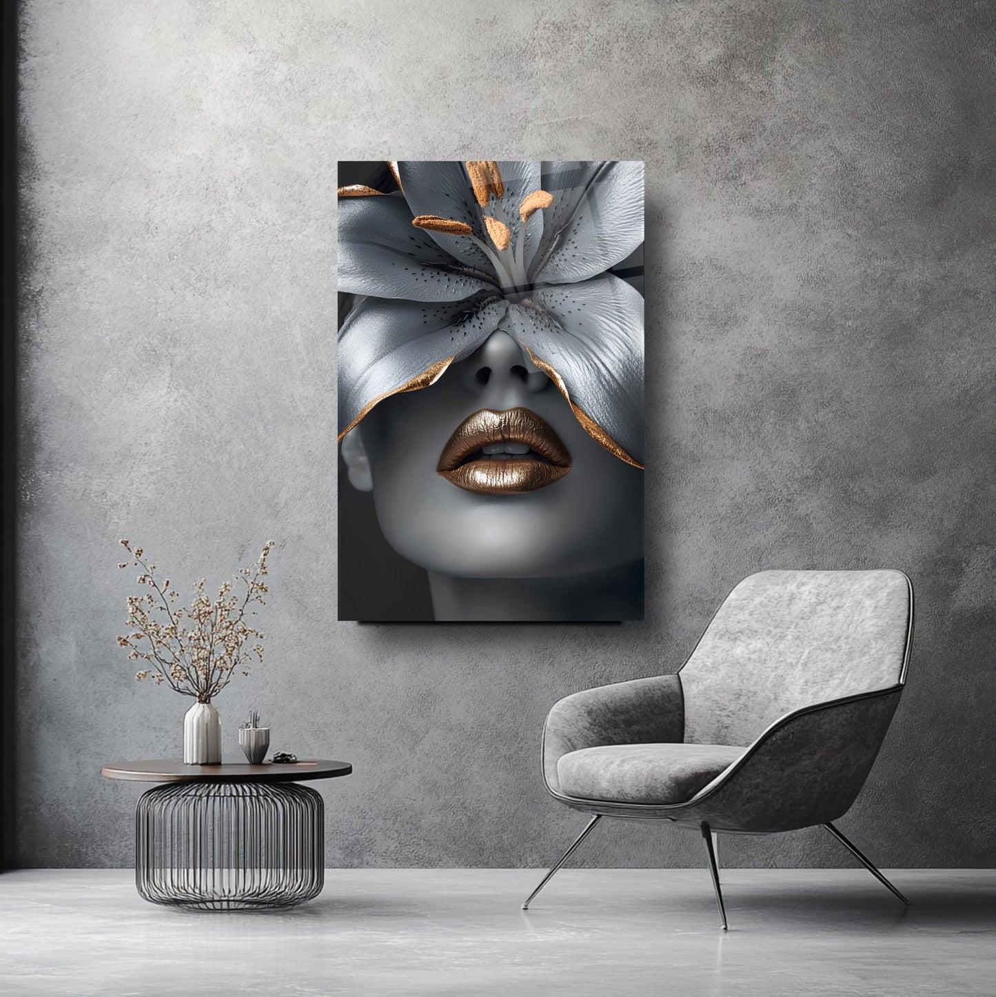 Çiçekli Gümüş Kadın Cam Tablo