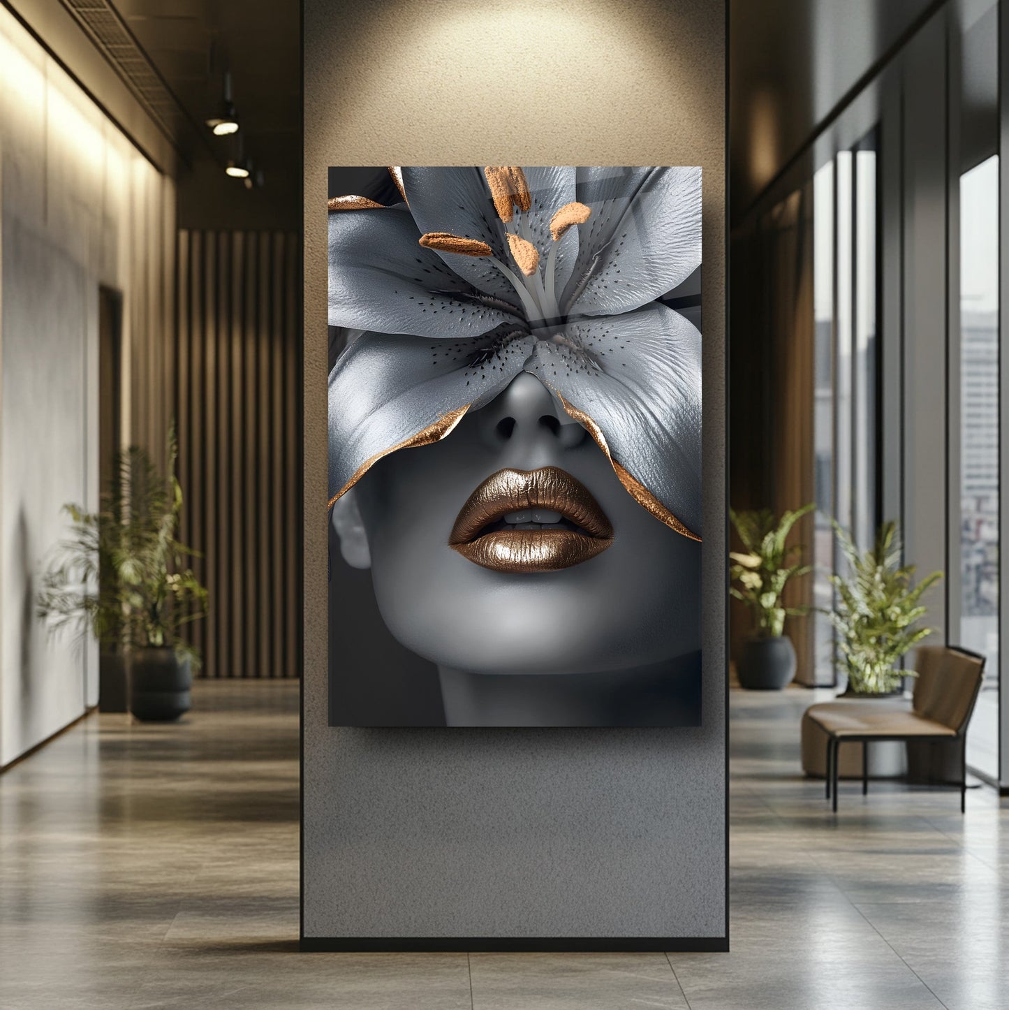 Çiçekli Gümüş Kadın Cam Tablo