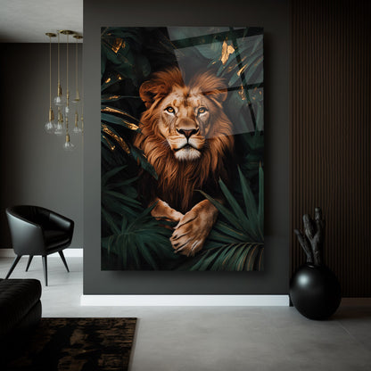 Yapraklar Arasında Aslan Cam Tablo