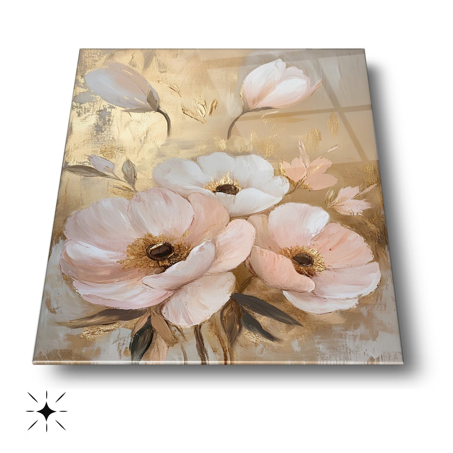 Beyaz Gold Pembe Çiçekler Cam Tablo