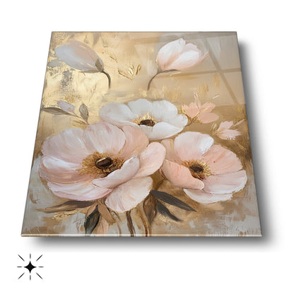 Beyaz Gold Pembe Çiçekler Cam Tablo
