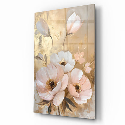 Beyaz Gold Pembe Çiçekler Cam Tablo