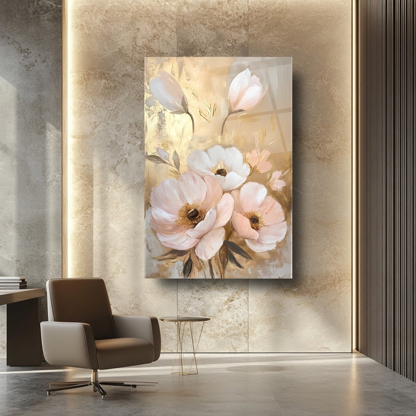 Beyaz Gold Pembe Çiçekler Cam Tablo