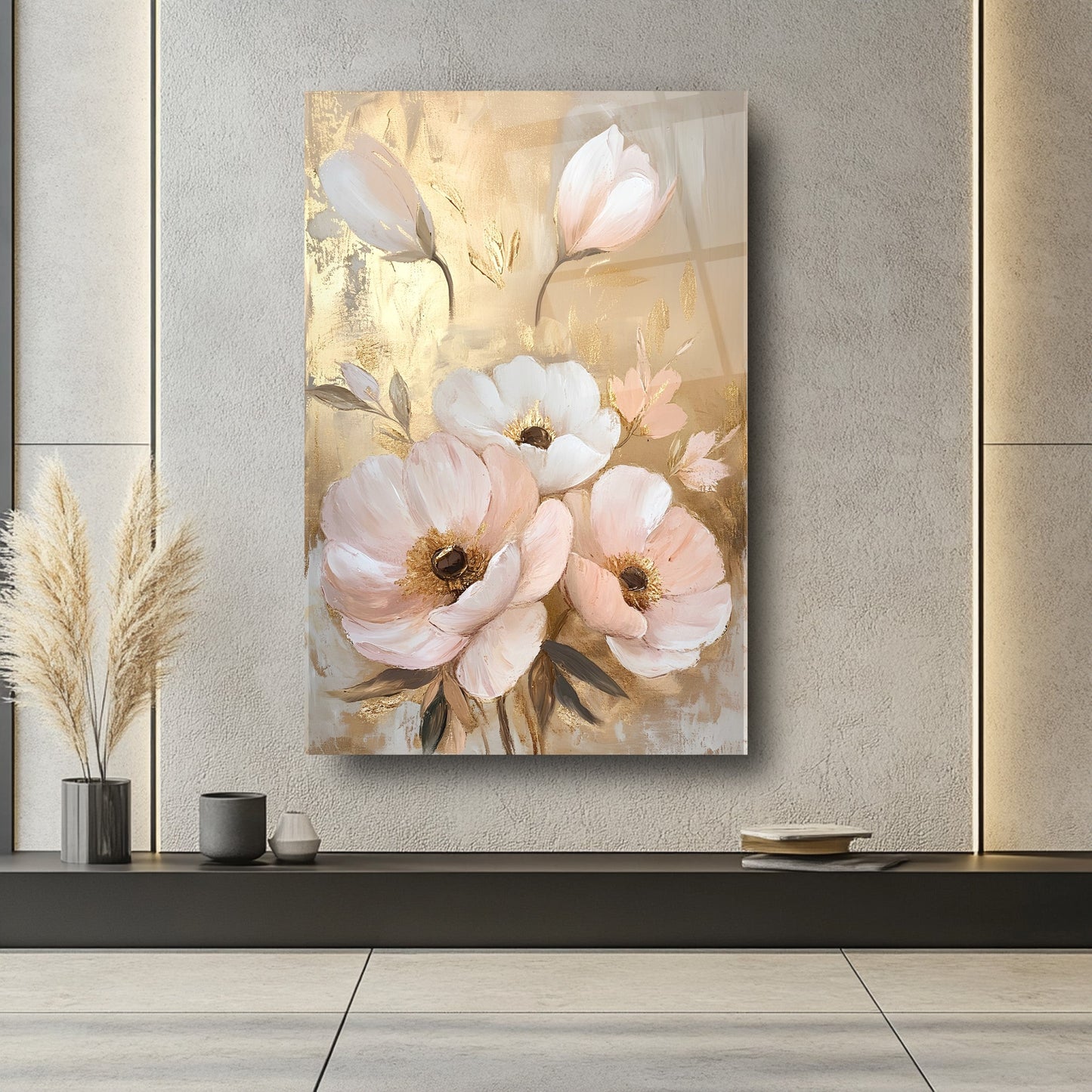 Beyaz Gold Pembe Çiçekler Cam Tablo