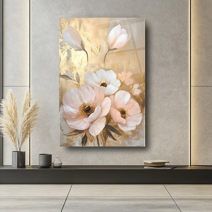 Beyaz Gold Pembe Çiçekler Cam Tablo