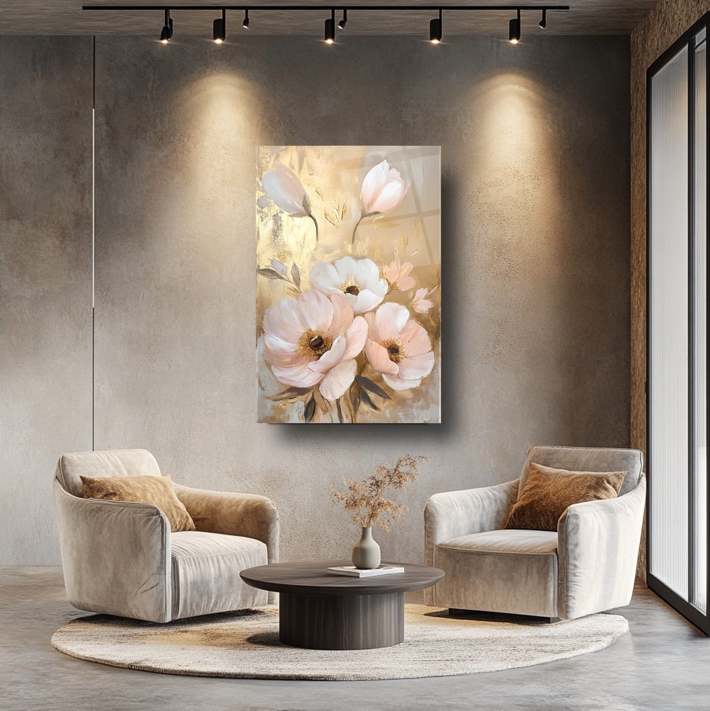 Beyaz Gold Pembe Çiçekler Cam Tablo