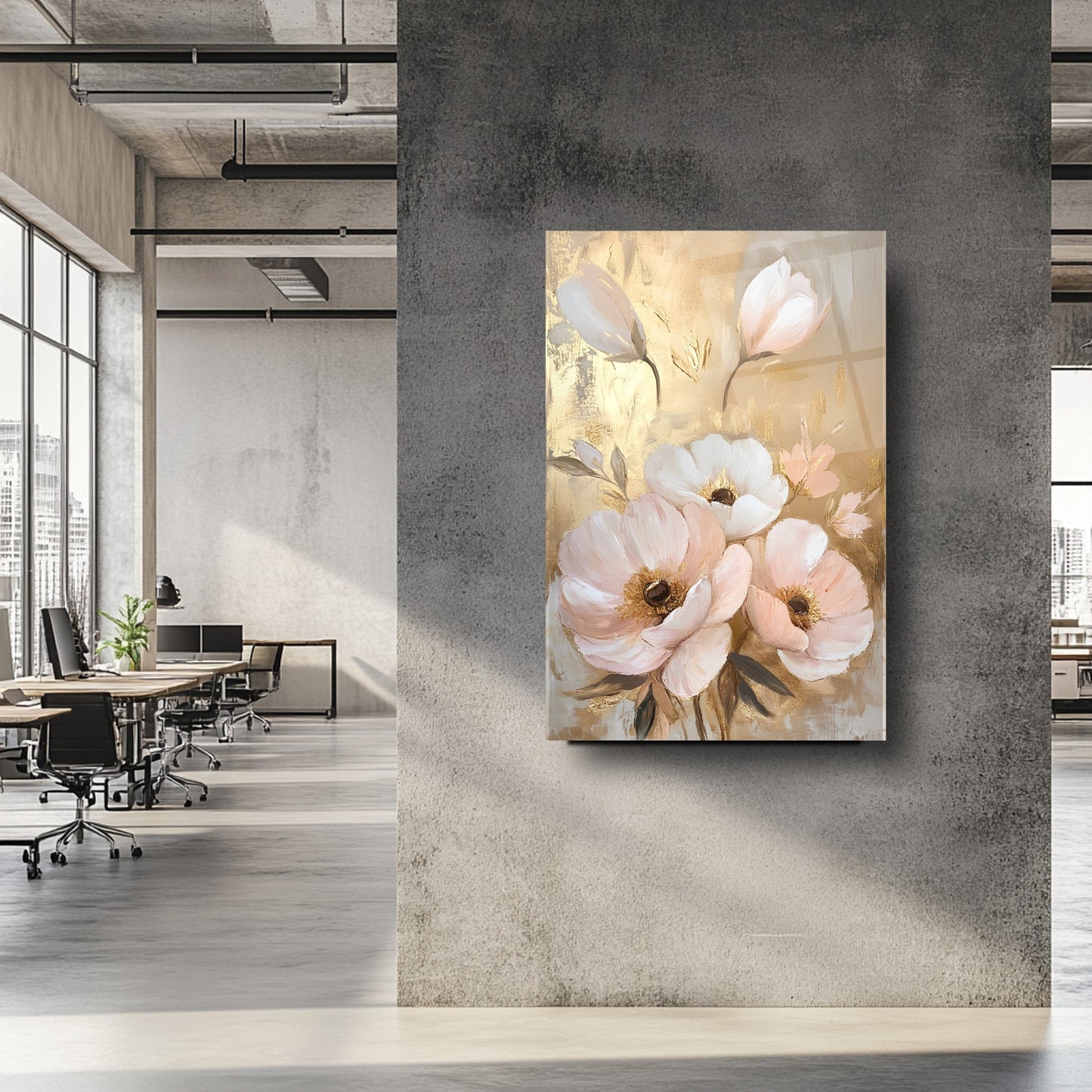 Beyaz Gold Pembe Çiçekler Cam Tablo