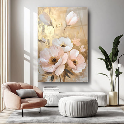 Beyaz Gold Pembe Çiçekler Cam Tablo