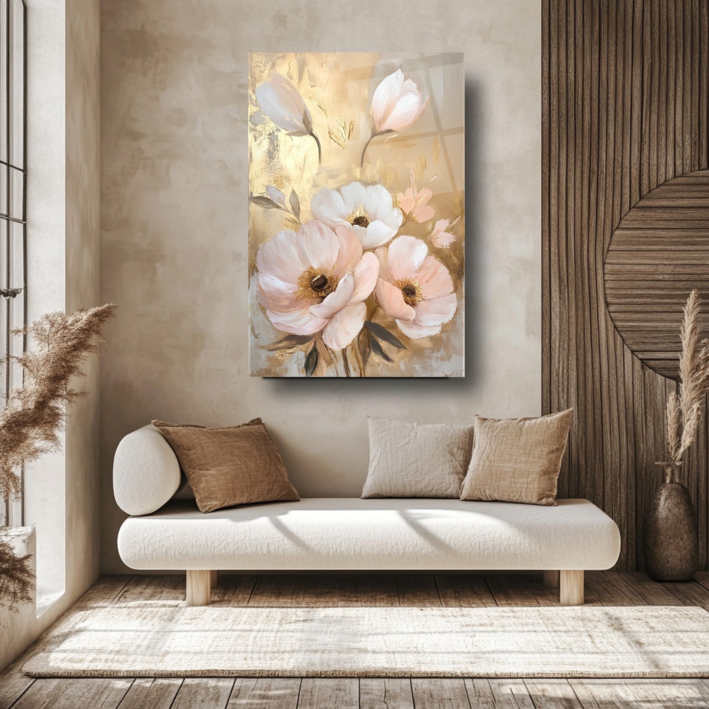 Beyaz Gold Pembe Çiçekler Cam Tablo