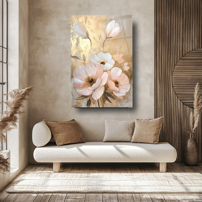 Beyaz Gold Pembe Çiçekler Cam Tablo