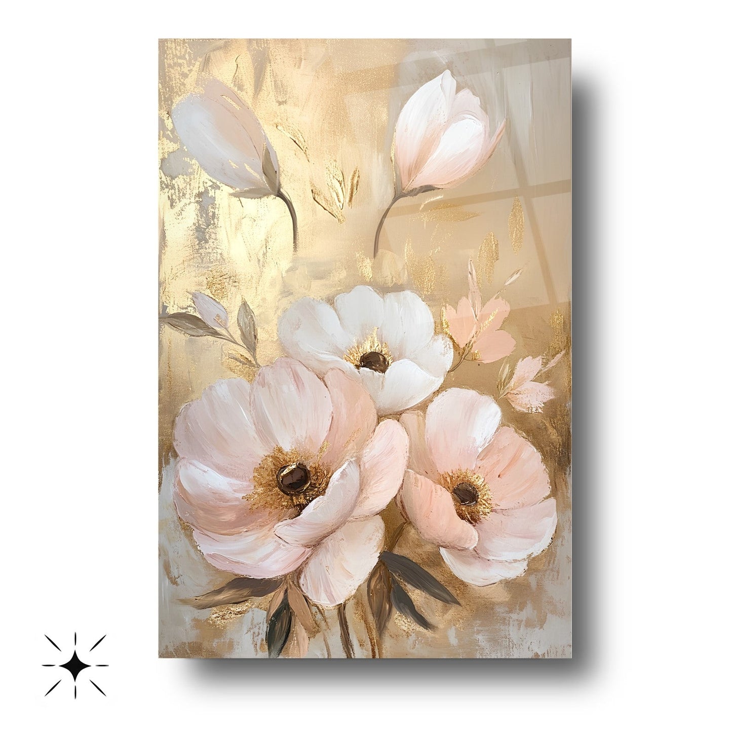Beyaz Gold Pembe Çiçekler Cam Tablo