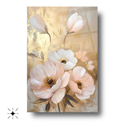Beyaz Gold Pembe Çiçekler Cam Tablo