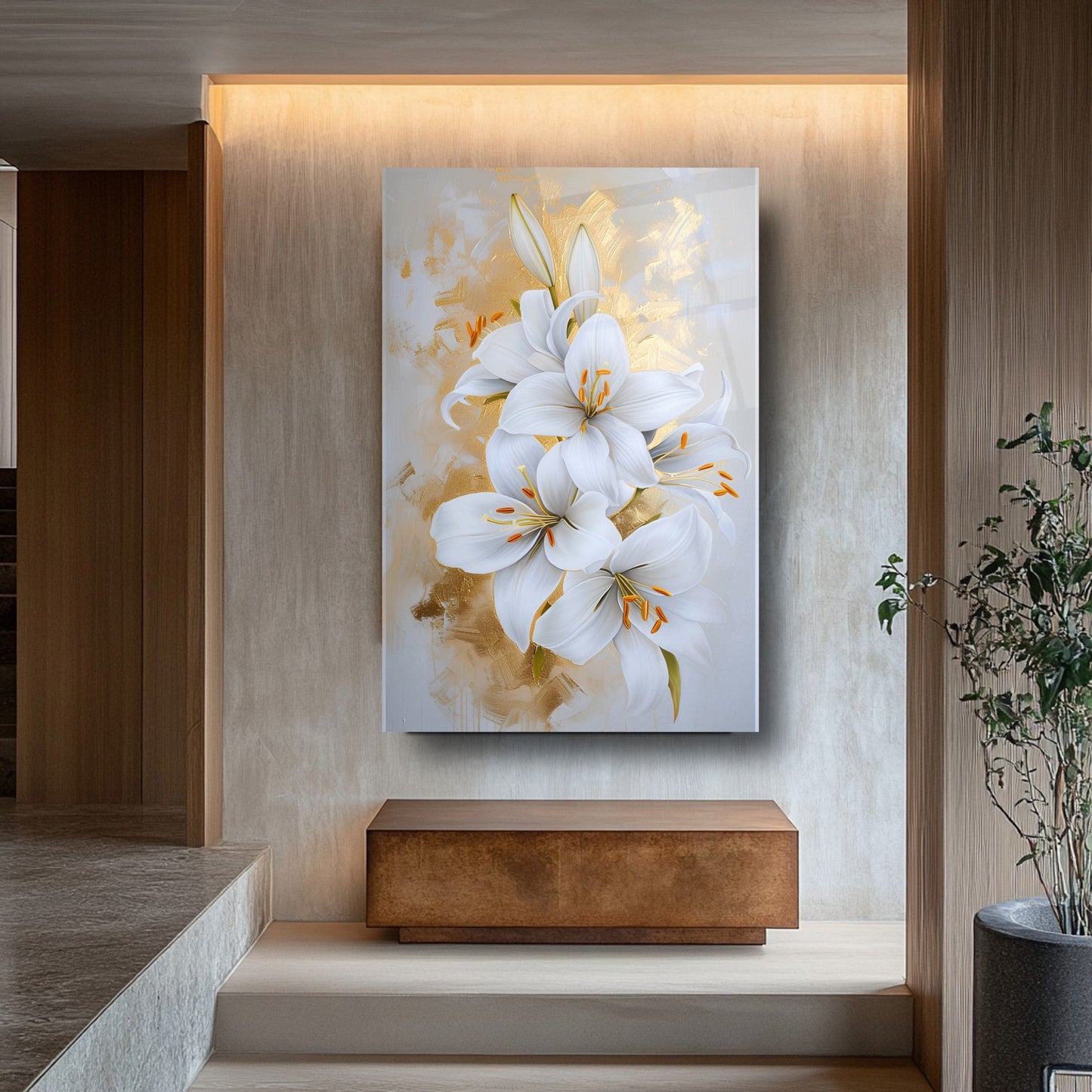 Gold Detaylı Çiçekler Cam Tablo