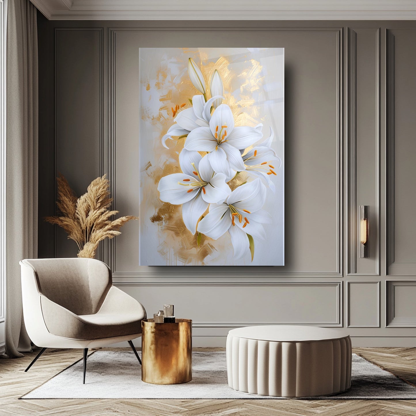 Gold Detaylı Çiçekler Cam Tablo