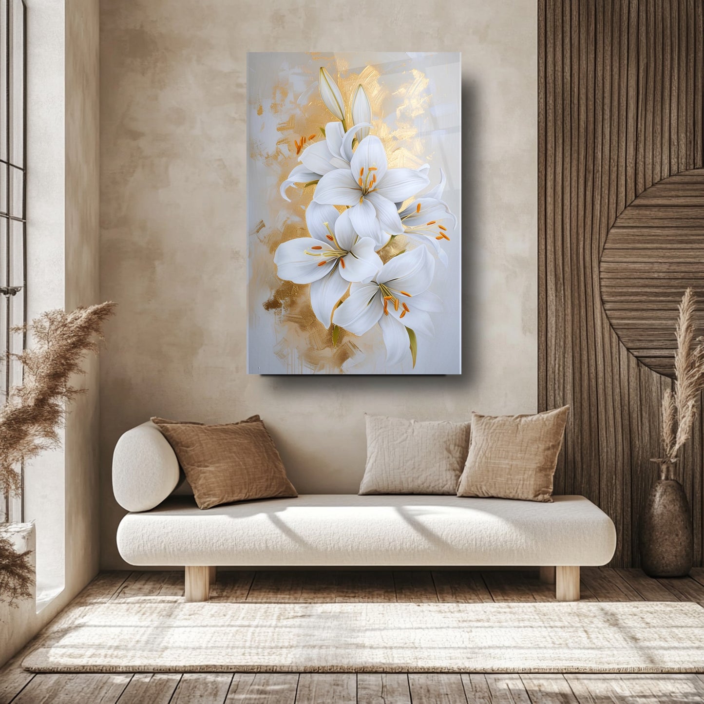 Gold Detaylı Çiçekler Cam Tablo